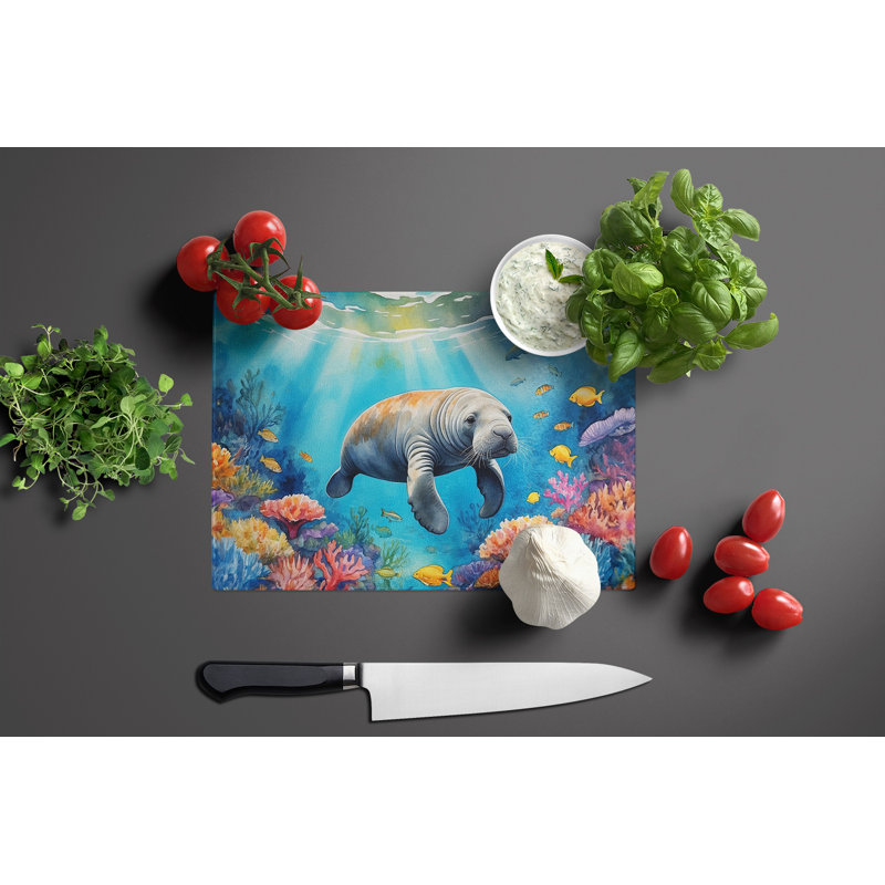 Summer Manatee Glass Cutting Board