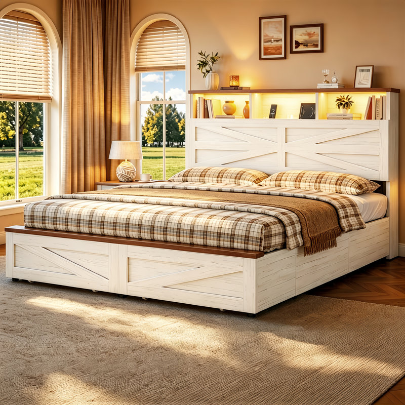 Wood Queen Bed Frame with 6 Drawers and Spacious Storage Headboard Farmhouse LED Metal Platform Bed with Charging Station No Boxing Need