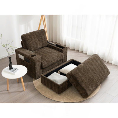 42" Oversized Chaise Lounge Indoor,Faux Rabbit Fur Sofa Bed with Storage Ottoman and Armrests,Cup Holders,Upholstered Sleeper Chair,Reading Couch with Deep Seat for Living Room,Bedroom