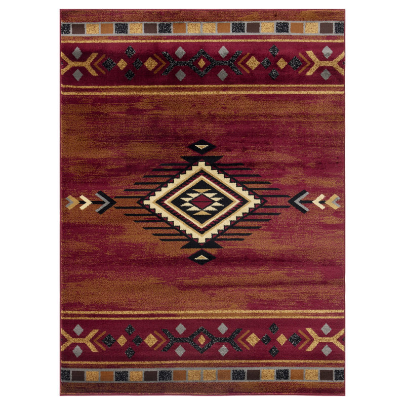 Tapis rouge à motif tribal en polypropylène résistant aux taches 8 pi x 10 pi Trib_SG_YLS4002 Tribes pour salon et chambre à coucher