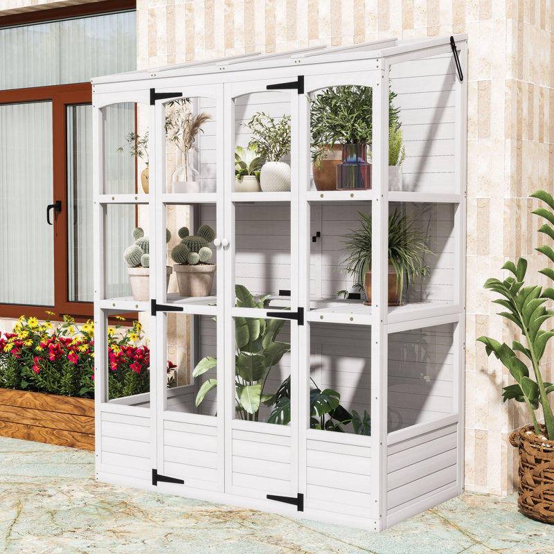 Serre en bois avec tablettes pliantes, panneaux en polycarbonate et protection anti-chute, Blanc