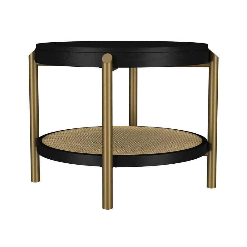 Table d'appoint ronde avec tablette de rangement (y compris la table basse), Noir, Doré