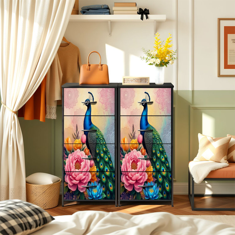 Commode pour la chambre à coucher avec 4 tiroirs de rangement Plumes de paon éclatantes entourées de fleurs colorées Commodes de style mandala Commode en acier à armoires en tissu pour vestibule