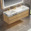 Double meuble-lavabo mural moderne en bois massif avec plateau en pierre et lumière-364179501