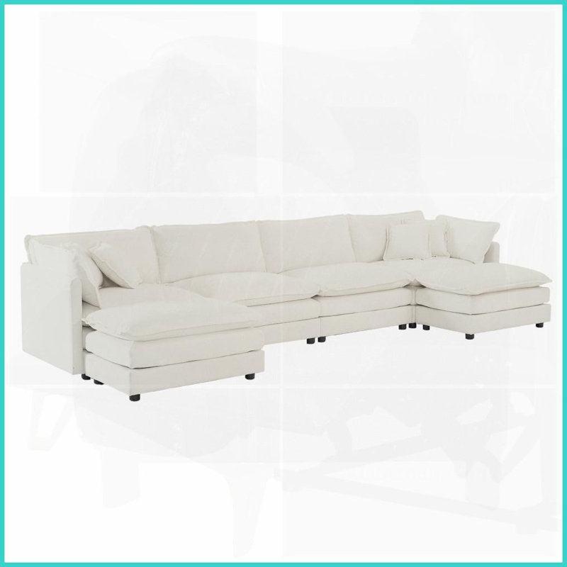 Canapé modulaire moderne en U en chenille blanc avec méridienne réversible et amp; 2 repose-pieds - Idéal pour le salon