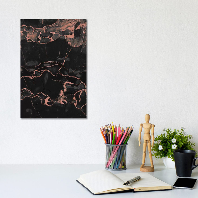 Rose Gold On Black Marble by Emanuela Carratoni - Wrapped Canvas Painting, 20.32 cm H x 30.48 cm W