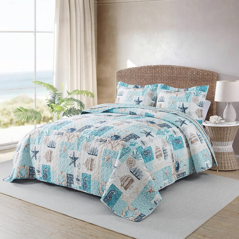 HoneiLife Queen Size 3‑Piece Sea‑borne Missive Pattern Quilt Bedding Set, Soft Blended‑Fabric Coverlet with Matching Pillow Shams, Blue