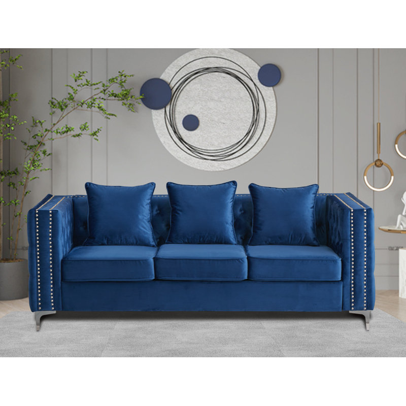 Vanida Charterhouse 86.4" Velvet Tuxedo Arm Sofa, Blue Velvet