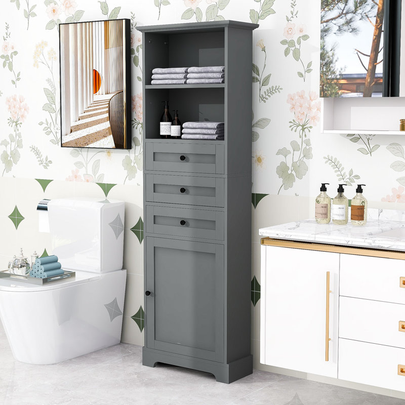 Flanning Freestanding Bathroom Cabinet, Tall Storage Cabinet with Drawers and Adjustable Shelves, Gray