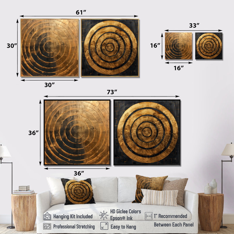 Or noir, sphère abstraite symétrie I - art mural abstrait - ensemble de 2 décorations murales modernes, 30" H x 61" W