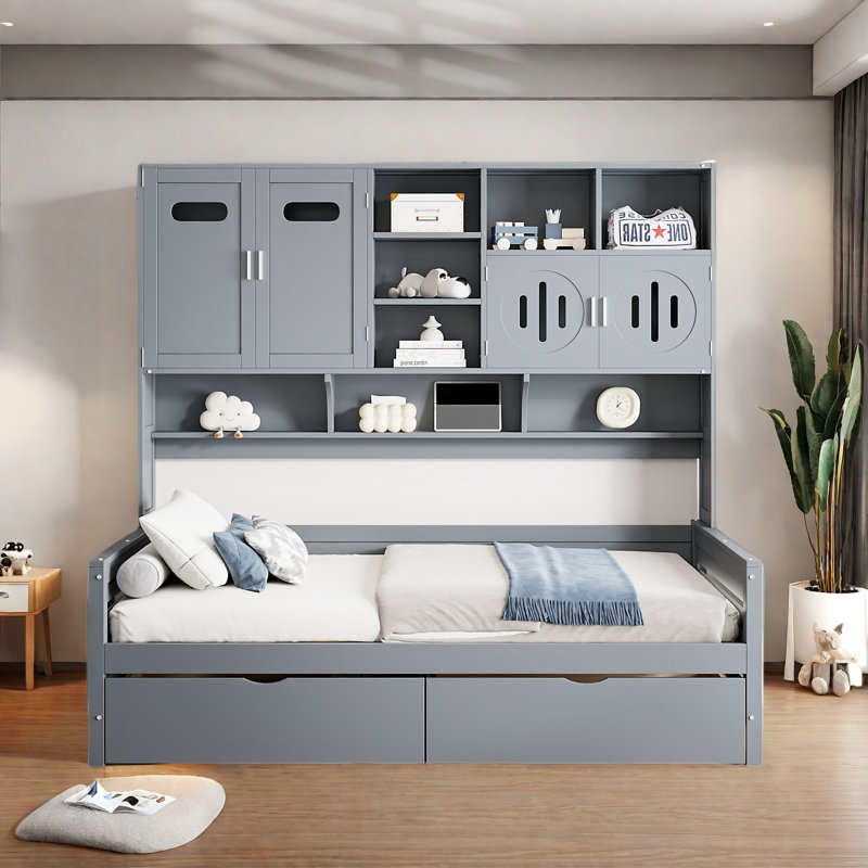 Lit de jour tout-en-un en bois avec 2 tiroirs, armoires et tablettes, Lit simple, Gris
