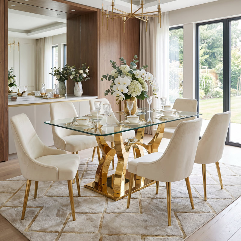 70" Modern Gold Glass Dining Table for 4-8, Luxury Rectangular Tempered Glass Top