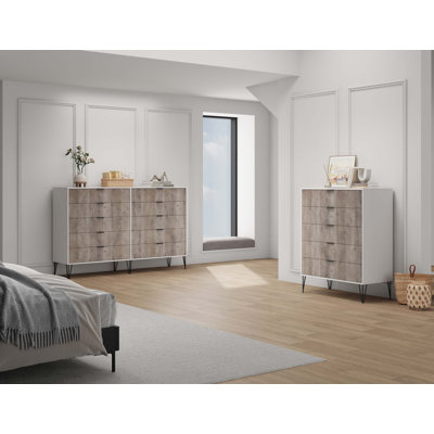 Dumbo 2-Piece Modern Bedroom Set with Double Dresser and Chest in Rustic Gray and White