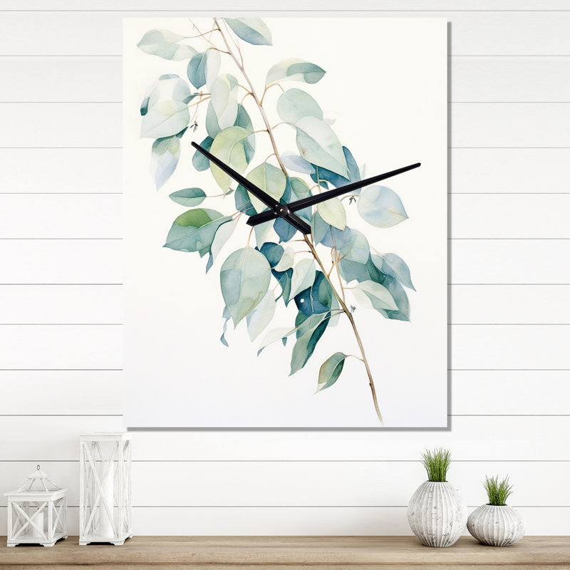 Horloge murale moderne vert et blanc Eucalyptus Essence III, Médium