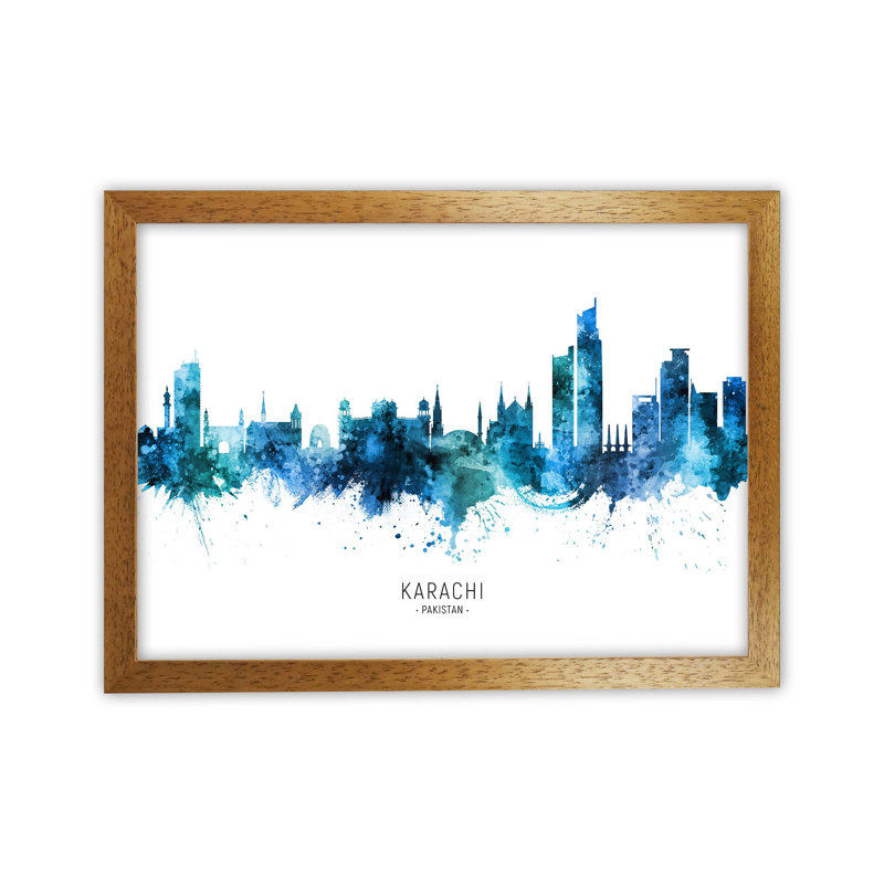 Karachi Pakistan Skyline Blue City Name by Michael Tompsett - Print, 25cm H x 34cm W x 3cm D, Oak Framed