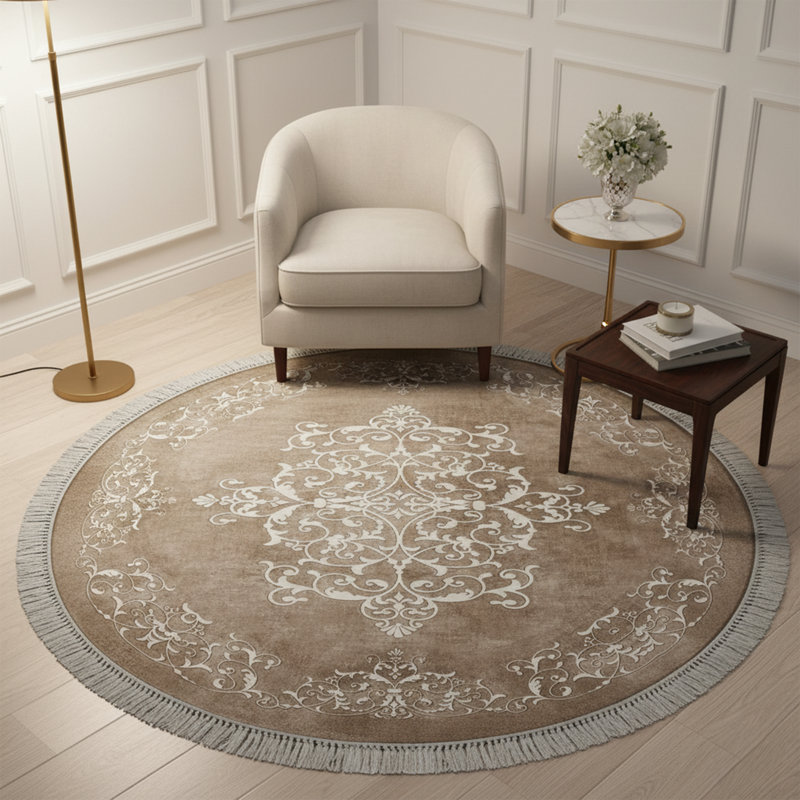 Round Beige Oriental Medallion Area Rug With Fringe
