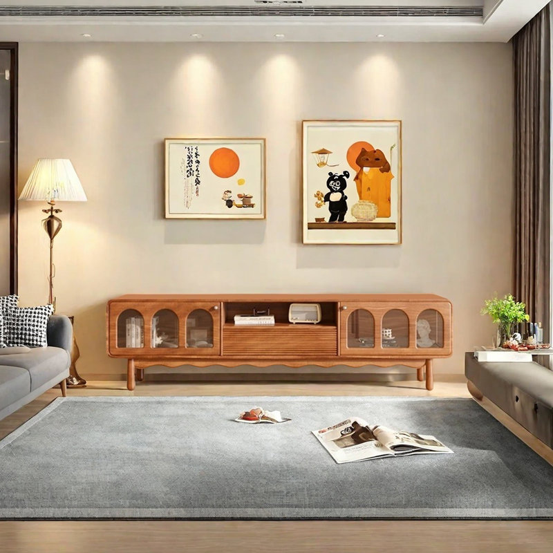 Meuble télé en bois massif avec armoires en verre arqué, H 19,29 po x L 62,99 po x l 15,74 po