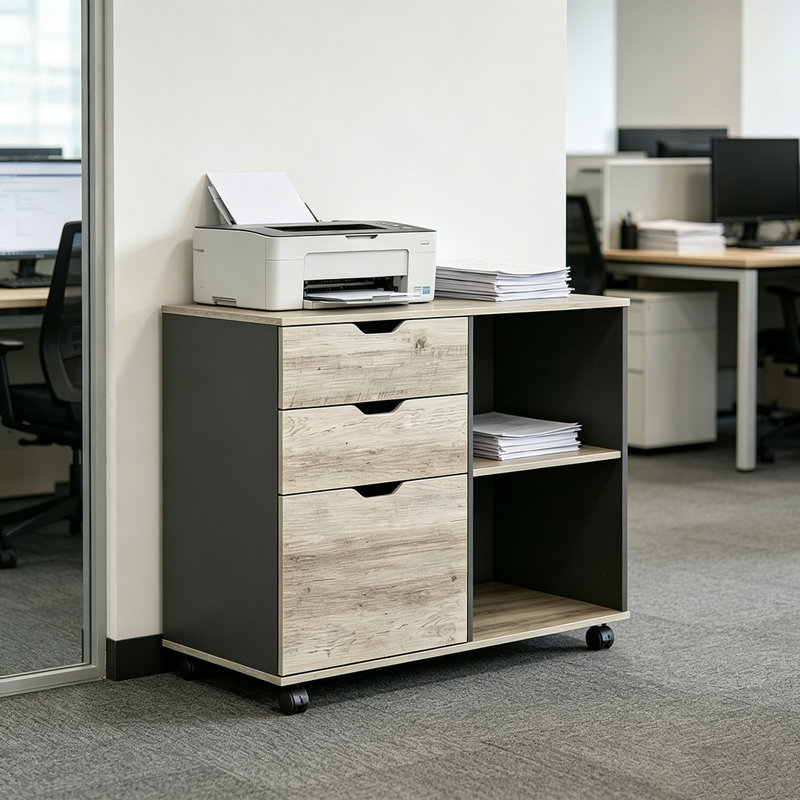 Classeur en bois avec 3 tiroirs, classeur latéral mobile, support pour imprimante avec tablettes de rangement ouvertes, Gray