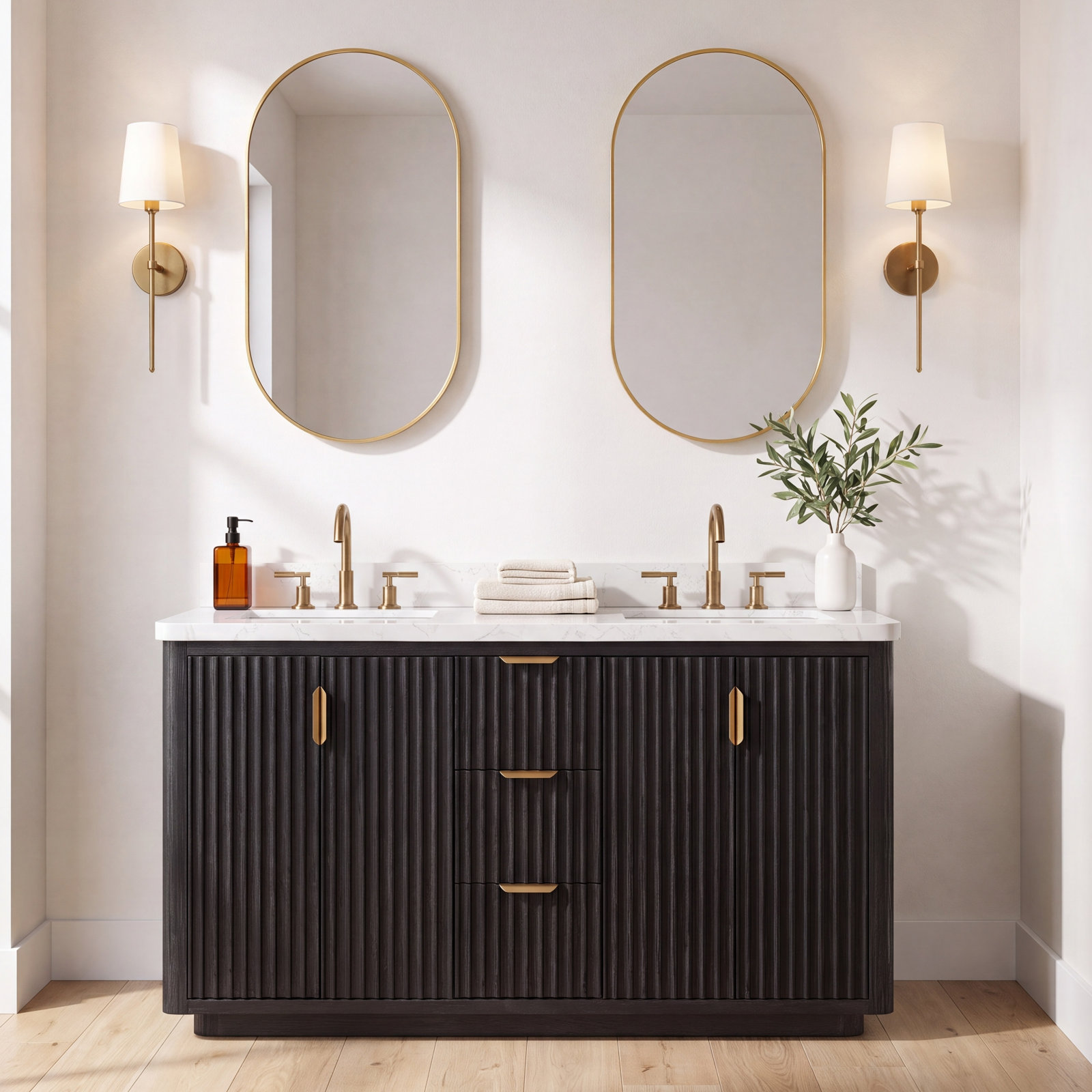 Adela 60'' Double Bathroom Vanity, White, Black, Gold