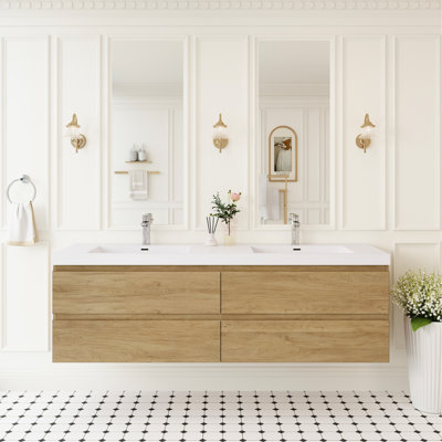 72" Floating Bathroom Vanity In Natural Oak, With Two Sinks And Four Soft Close Drawers, Solid Surface Top Basin, Modern Minimalist Style, Space Organization, Resin Counter, Easy To Clean Maintain,