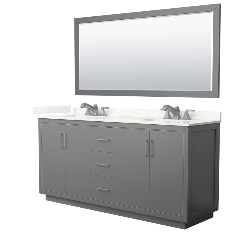 Meuble-lavabo double 72 po avec comptoir en quartz, Gris foncé, Quartz Giotto, Noir mat