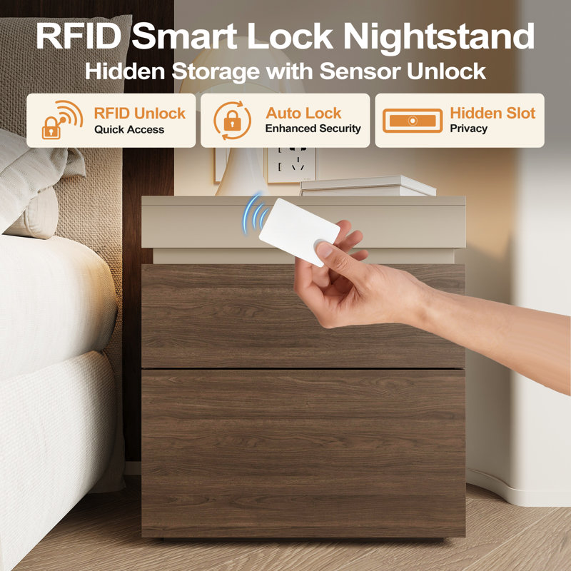 19.6''W 4-Drawer Contemporary Wood Nightstand With Storage Compartment And NFC Lock And Key Lock, Khaki/Walnut