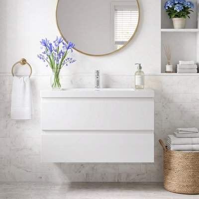 Meuble-lavabo mural de 91 cm (36 po) en mélamine blanc brillant avec dessus en résine blanche brillante et carbonate de calcium, deux tiroirs coulissants en forme de U à fermeture douce, préassemblé