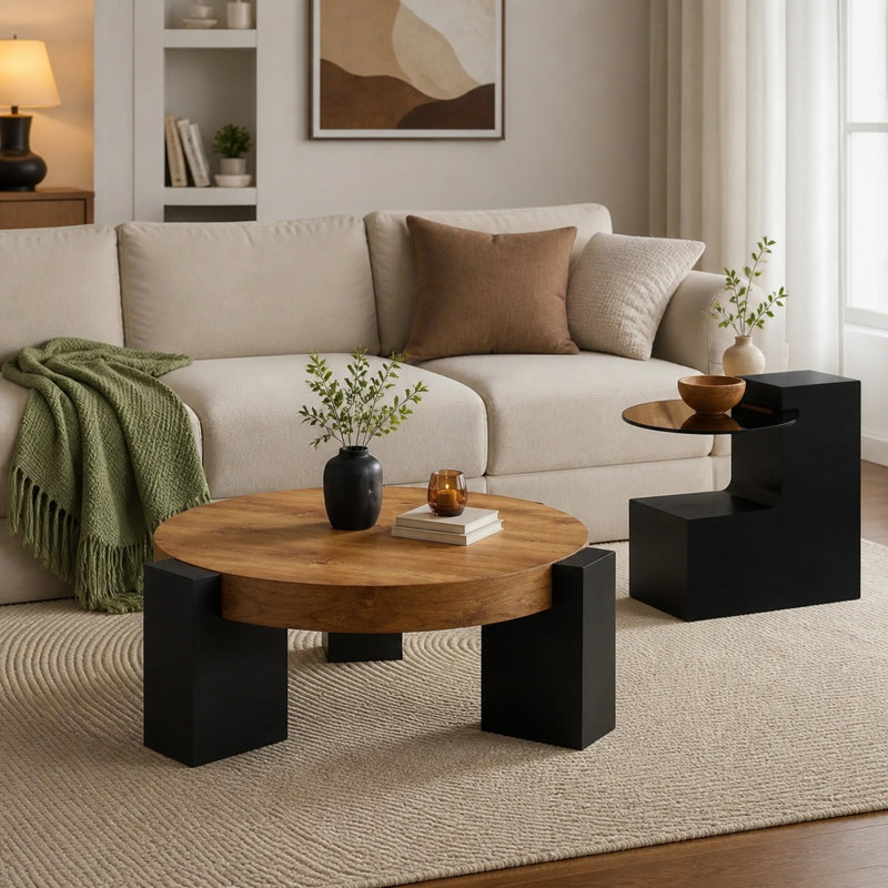 Ensemble de 2 tables basses gigognes rondes modernes avec plateau en verre trempé et imitation bois, Bois, Noir