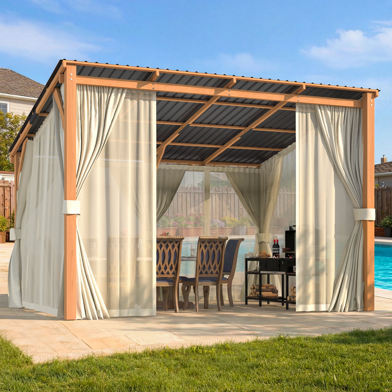 Pergolas et abris de jardin extérieurs en bois à toit rigide avec rideaux et moustiquaire, H 96,5 po x l 142,5 po x P 110 po