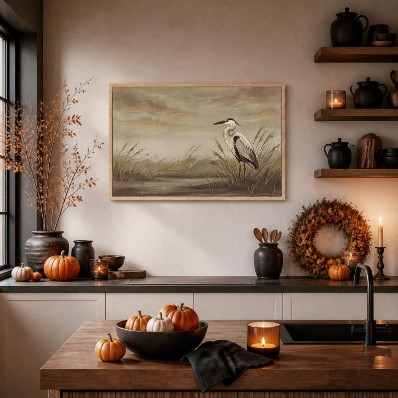 Heron debout dans de hautes herbes, tons de terre, art mural d'Halloween, H 24 po x l 36 po