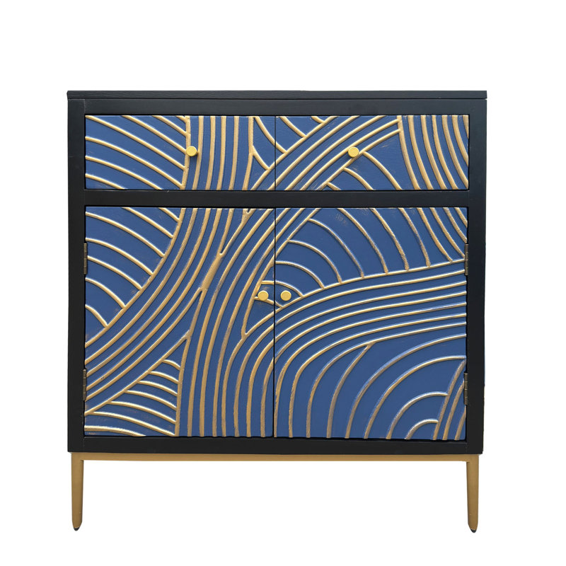 Armoire de salle de bain 2 portes, 1 tiroir - noir + bleu laqué, tablettes réglables