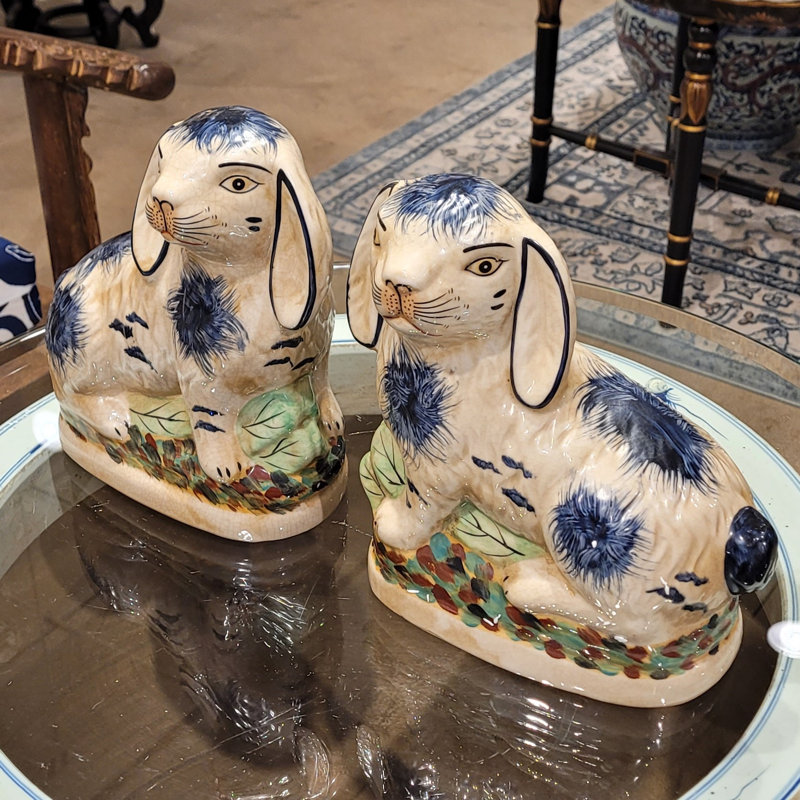 Small Staffordshire Bunny Hares Figurine, Blue/Cream, 8" H x 4" W x 8" D