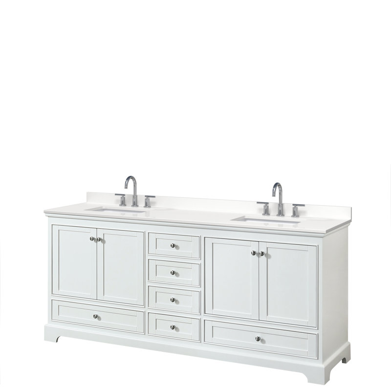 Meuble-lavabo double autoportant Deborah avec plateau en quartz, Blanc, Noir mat, Quartz blanc