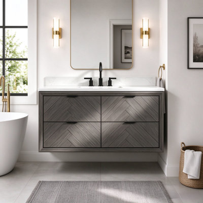 48" Floating Single Sink Solid Wood Gray Oak Transitional Bath Vanity with Engineered Marble Top