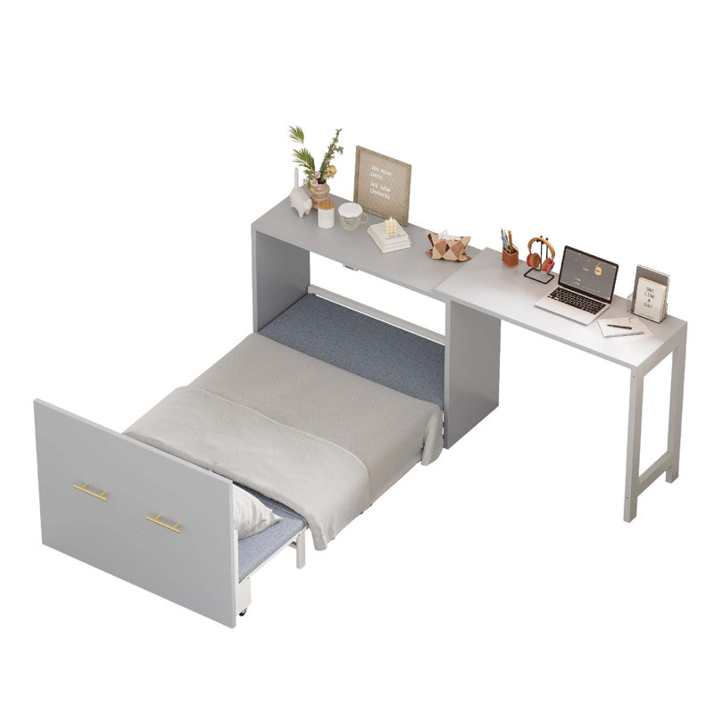 Lit simple escamotable avec commode à hauteur réglable, commode escamotable avec coussin pliable pour chambre d'amis, petit espace