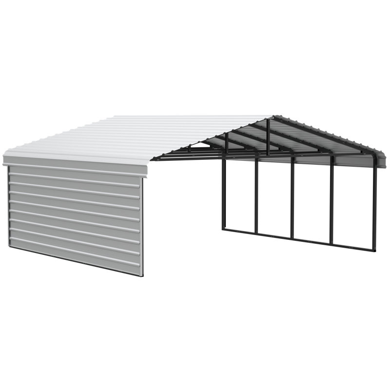 Abri d'auto en acier avec 1 ensemble de parois latérales, 20 x 20 x 7, Blanc, H 9 pi 10 po x l 20 pi 3 po x P 19 pi 9 po