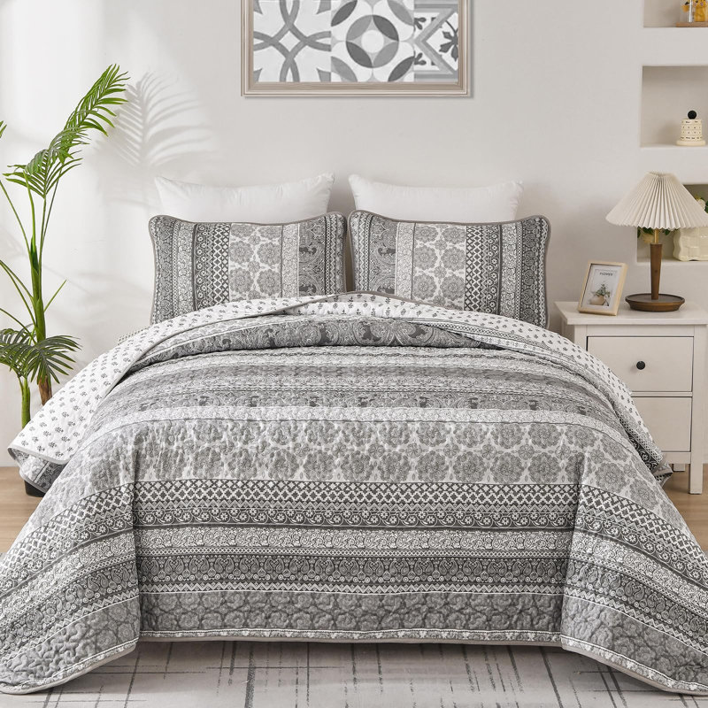 Ensemble de courtepointe 3 pièces Boho, Courtepointe pour lit grand + deux taies décorati, Gris