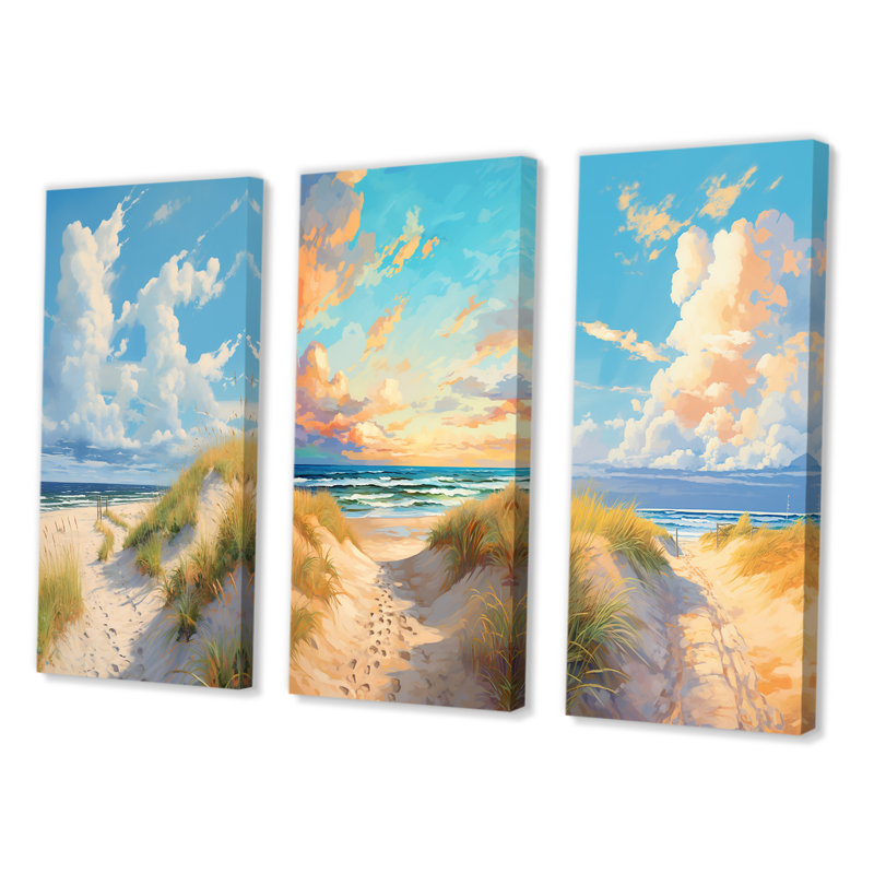 «Beach Tranquility Ocean In Spring», 3 pièces sur toile, Toile tendue, H 32 po x l 48 po