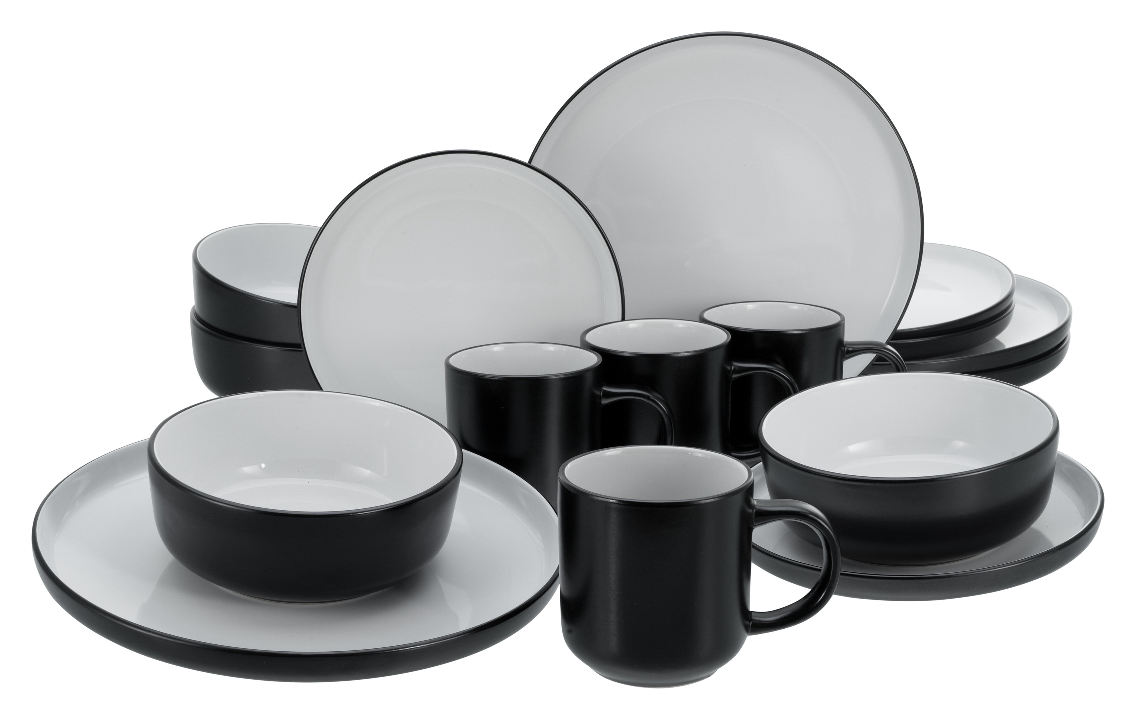 Nordic Cool Black 16 Piece Stoneware Dinnerware Set Service for 4