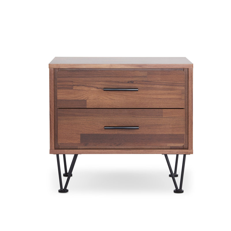 Rectangular Walnut Finish Table With 2 Sliding Drawers And Metal Legs
