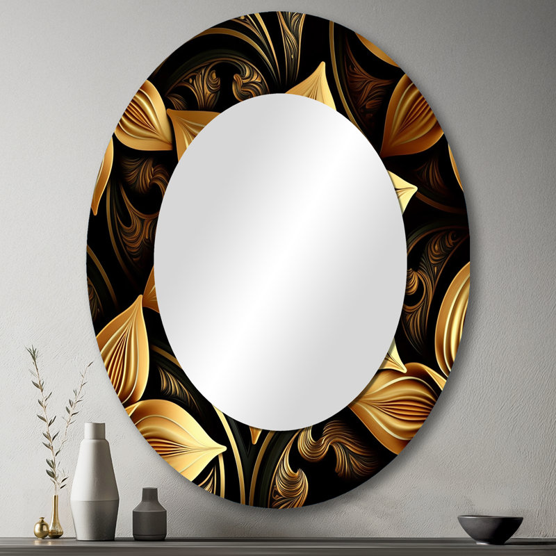 Golden Lily On Black II - Gold Oval Wall Mirror Decor, 43" x 33"