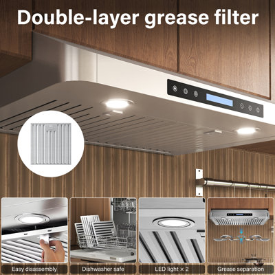 30 inch 900 CFM Ducted Under Cabinet Range Hood 4 Speed Quiet Stainless Steel Remote and Touch Panel Control with LED Lights