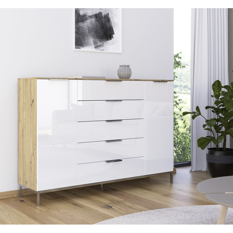 5 - Drawer Chest of Drawers, Oak/White Glass/Chrome