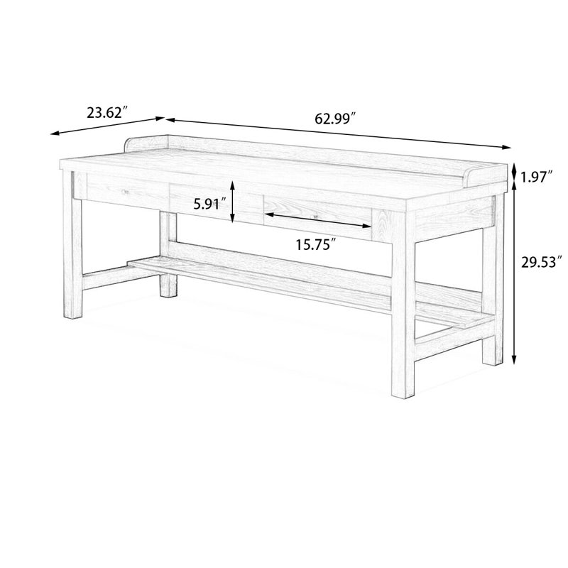 Bureau rectangulaire brun en bois massif avec 3 tiroirs, H 29,53 po x l 62,99 po x P 23,62 po 