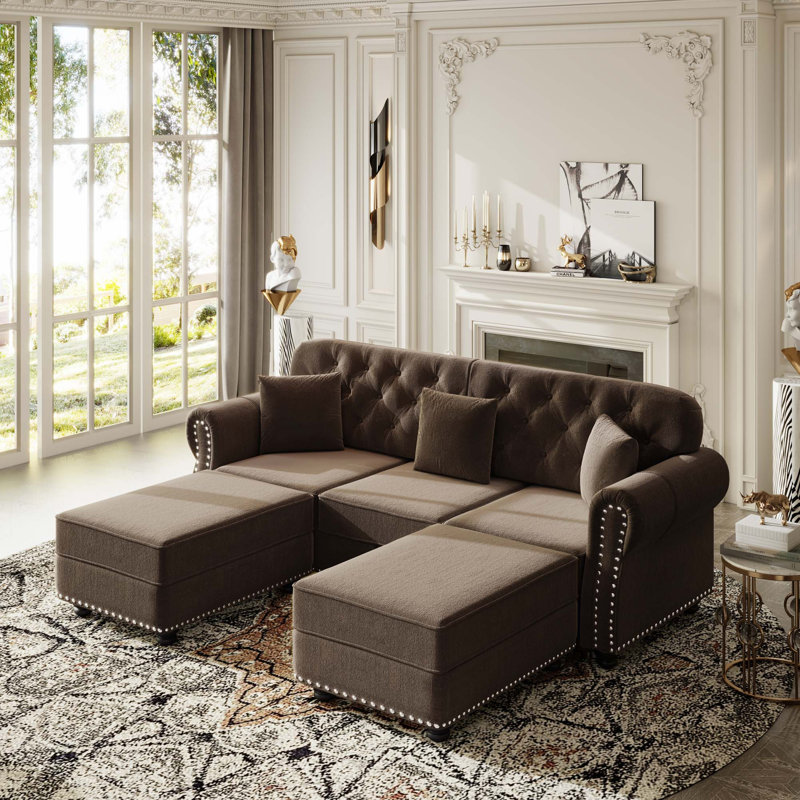 Canapé Chesterfield Timeless en velours avec capitonnage et garniture cloutée, Brun