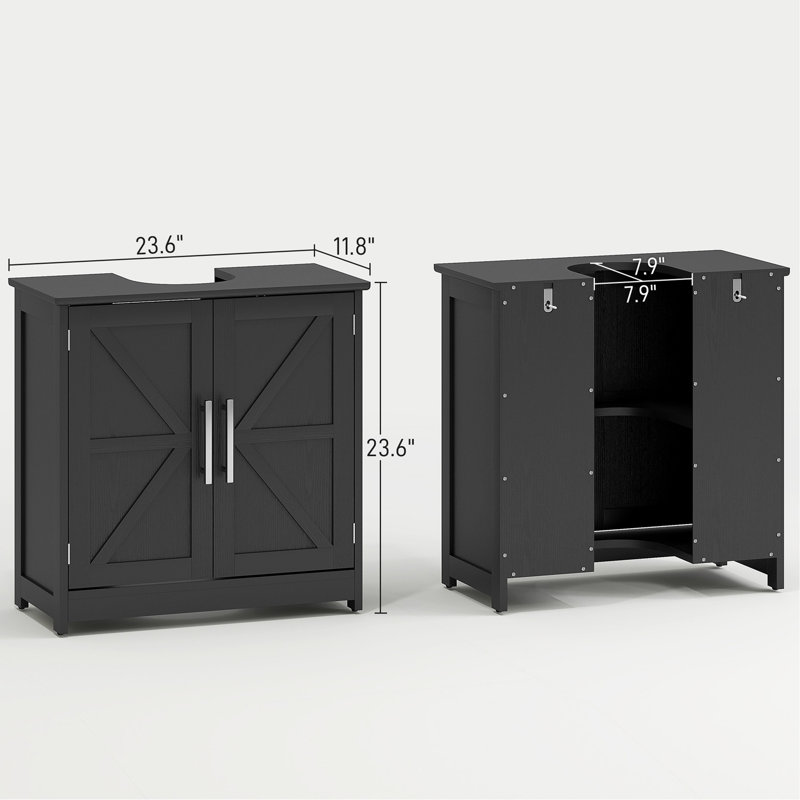 Armoire de rangement à piédestal, lavabo de salle de bain avec 2 portes de grange et tablette réglable (sans lavabo)