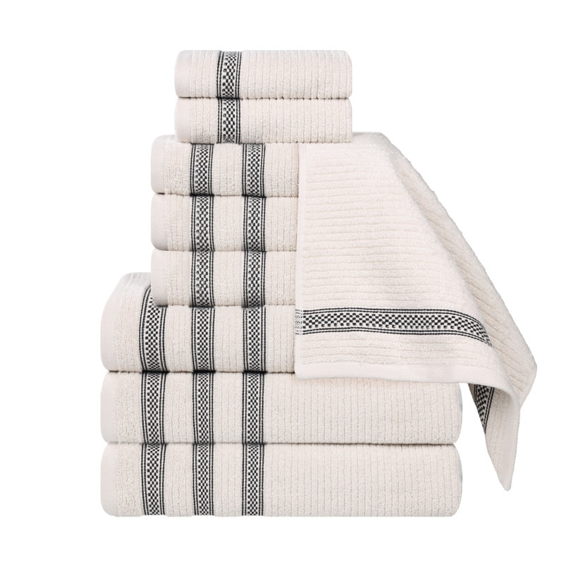 Orley Zero Twist Cotton Ribbed Modern Geometric Border Soft Highly-Absorbent Assorted 9 Piece Bathroom Towel Set, Stone