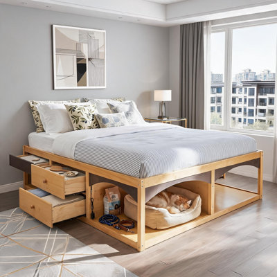Très grand lit de couleur naturelle sans tête de lit, éclairage ambiant, six tiroirs, lit plateforme en bois massif, convient aux petits appartements