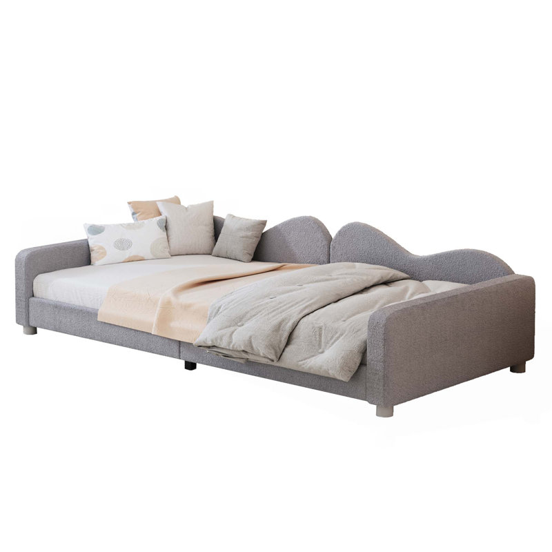 Lit de jour rembourré, canapé-lit en tissu sherpa avec dossier en forme de nuage, aucun sommier nécessaire, Gris, Lit simple