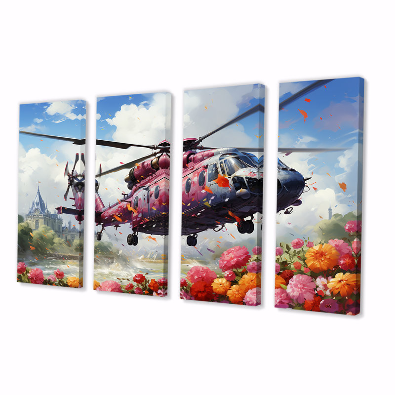 «Hel héliport Sprintime Flowers Horizon», art mural 4 pièces, H 32 po x l 64 po